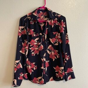 Express Navy and Red Floral Button Down Shirt